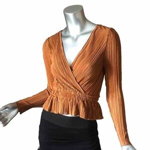 Kirious Small Metallic Copper Plisse Crepe Pleated Crop Top V Neck Blouse